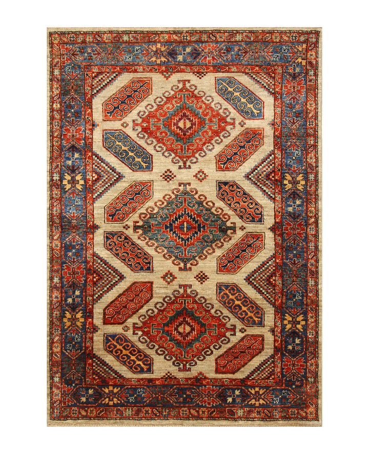 4x6 Taupe Beige Eagle Kazak Tribal Afghan Hand knotted Rug - Yildiz Rugs