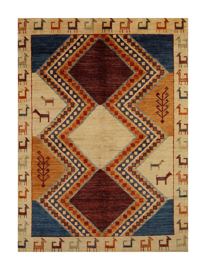 5x8 Beige Gabbeh Tribal Afghan Hand knotted wool Rug - Yildiz Rugs