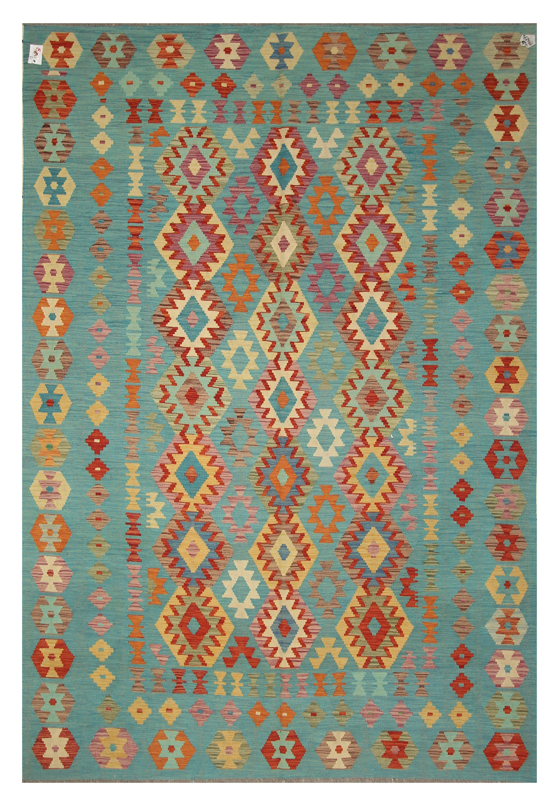 6'7"x9'8" Turquoise Blue Handmade Afghan Wool Kilim Rug