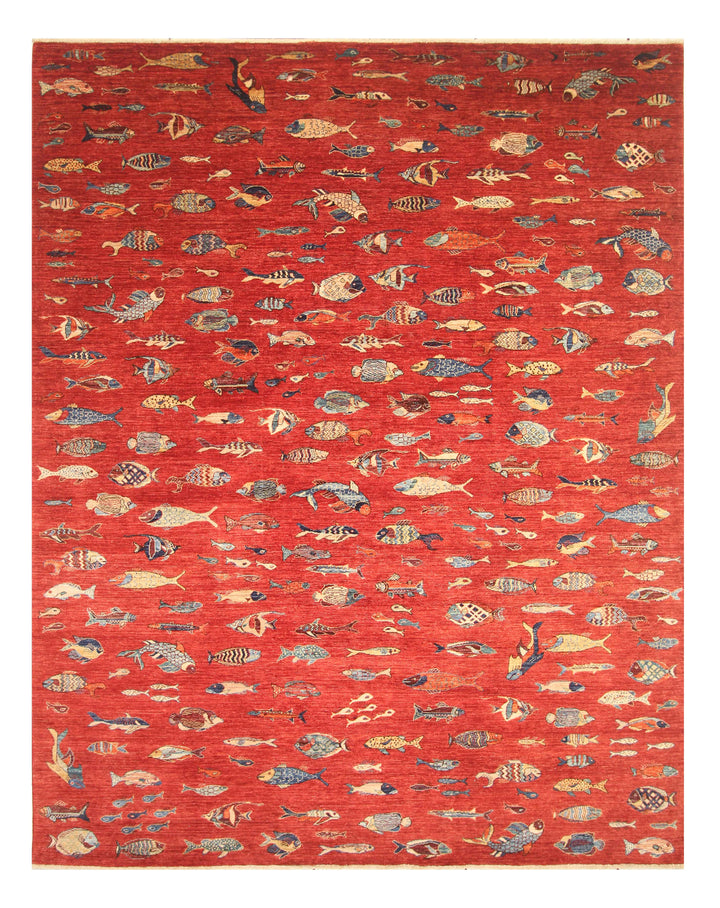 9 x 11 Red Fish Gabbeh Afghan Hand knotted Rug - Yildiz Rugs