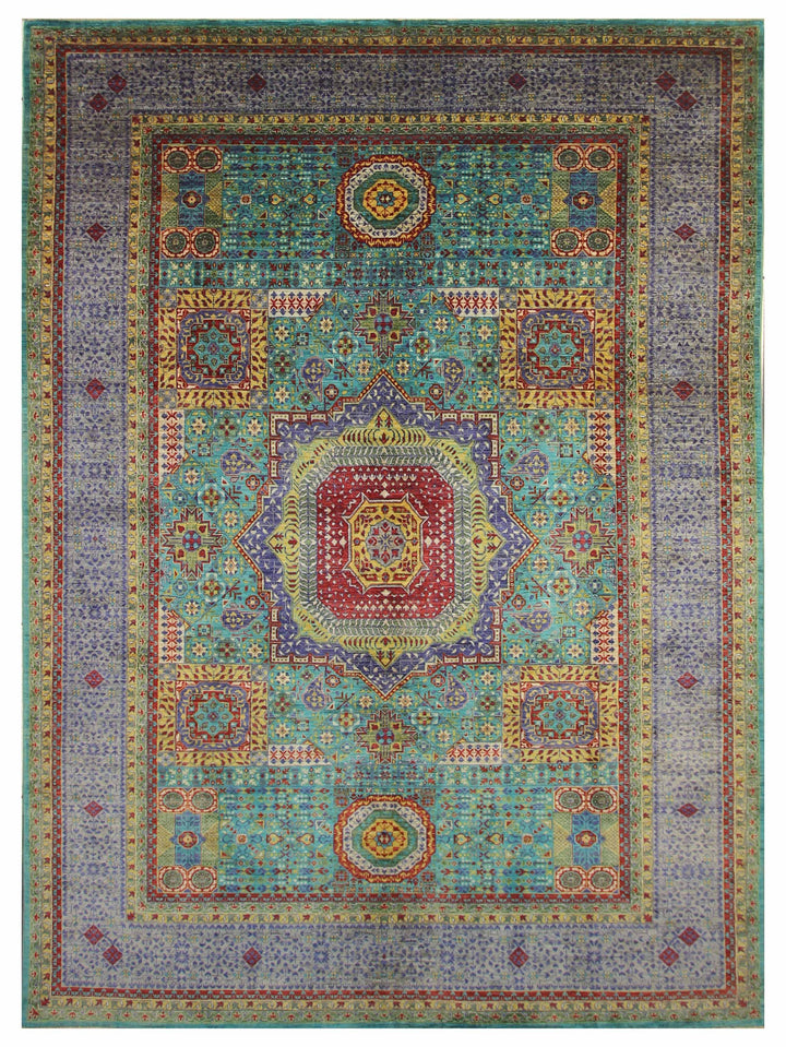 8x12 Turquoise Blue Mamluk Fine Hand Knotted Turkish Medallion Rug - Yildiz Rugs