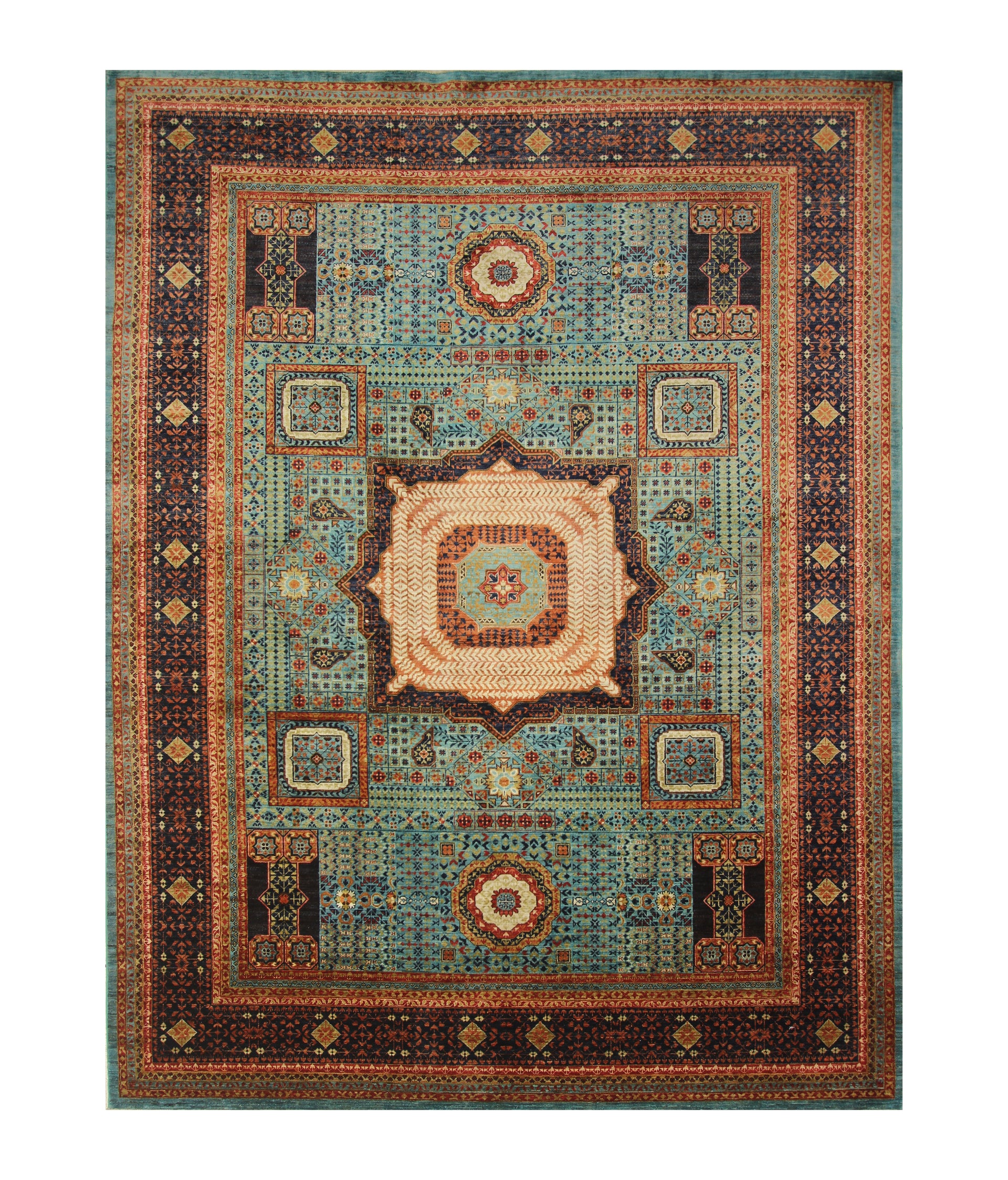 9x12 Turquoise Blue Mamluk Turkish Hand Knotted Medallion Rug - Yildiz Rugs
