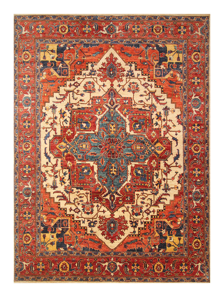 9x12 Red Beige Heriz Afghan Hand knotted Traditional Oriental Medallion Rug