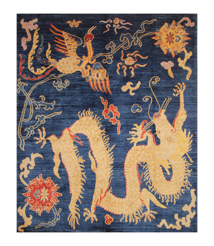 8x10 Navy Blue Dragon Pheonix Hand knotted Wool Rug - Yildiz Rugs