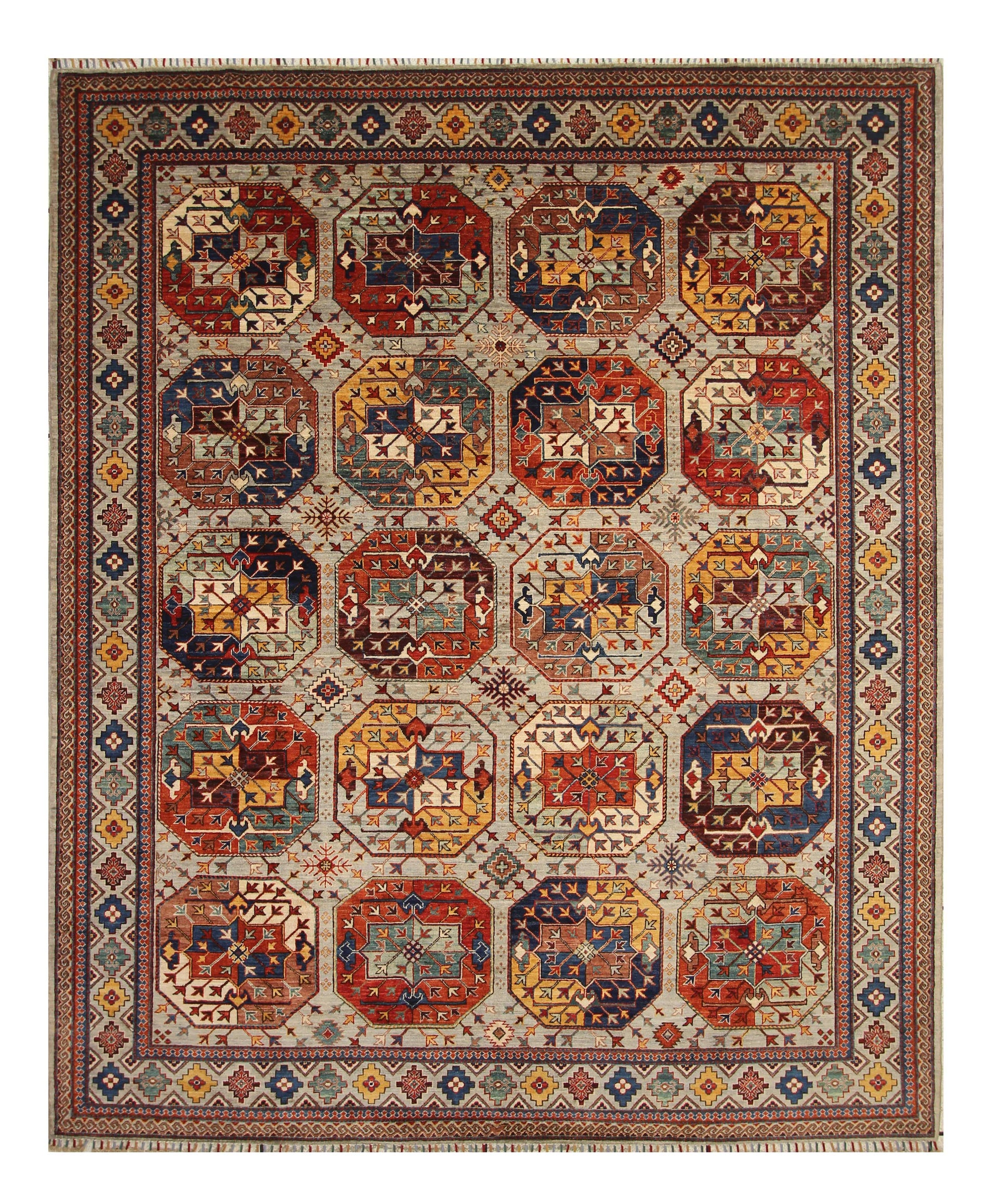 8x10 Gray Ersari Oriental Afghan hand knotted wool Geometric Rug - Yildiz Rugs