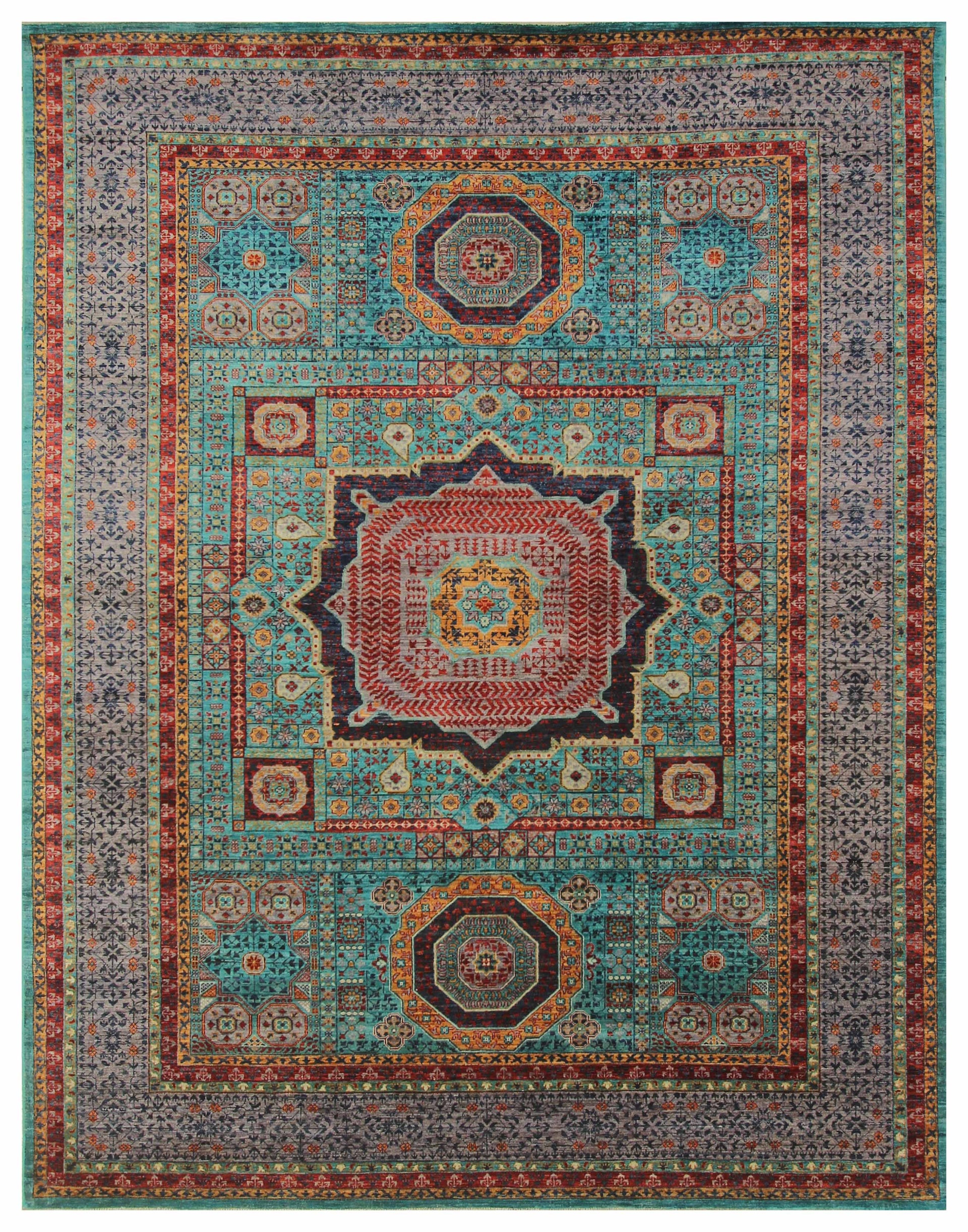 7x10 Turquoise Blue Mamluk Fine Hand knotted Turkish Medallion Rug - Yildiz Rugs