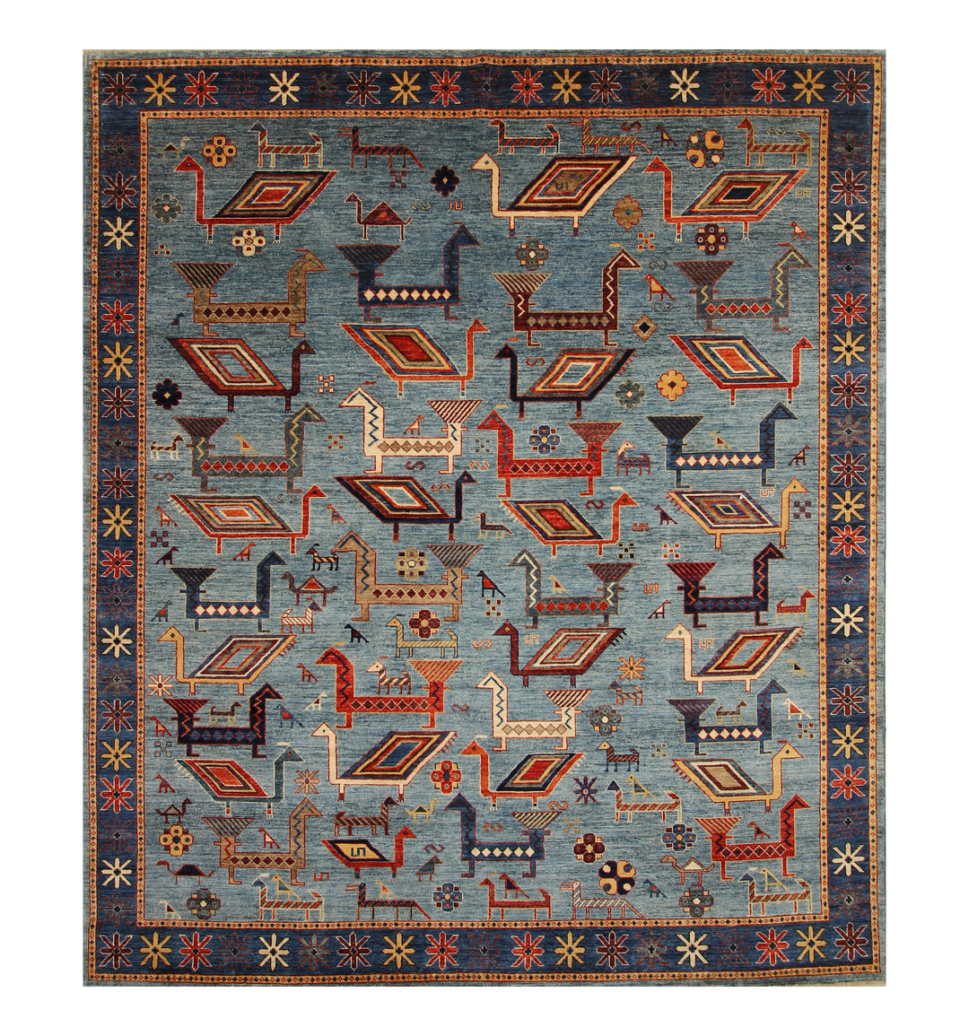 8x10 Blue Animal Gabbeh Tribal Afghan Nomadic Hand Knotted Rug - Yildiz Rugs