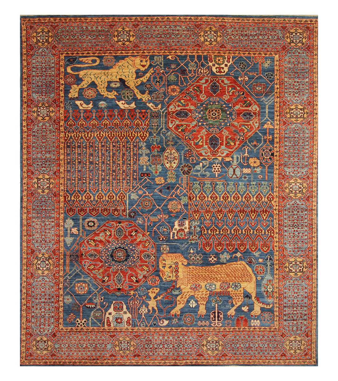 8x10 Dark Blue Egyptian Mamluk Tribal Lion Hand knotted Animal Pictorial Rug - Yildiz Rugs