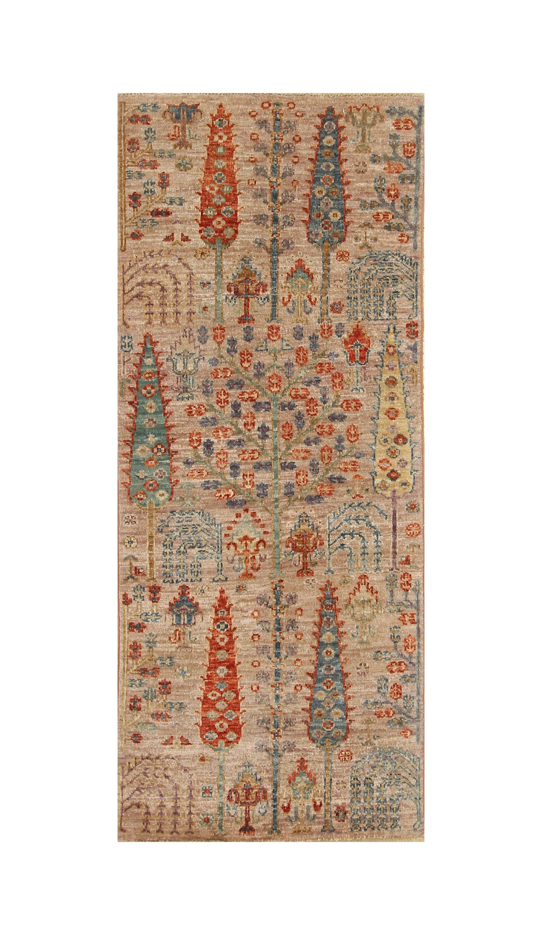 2x5 Peachy Pink Bakhshaish Tribal Tree of life Afghan Hand knotted Runner Rug - Yildiz Rugs