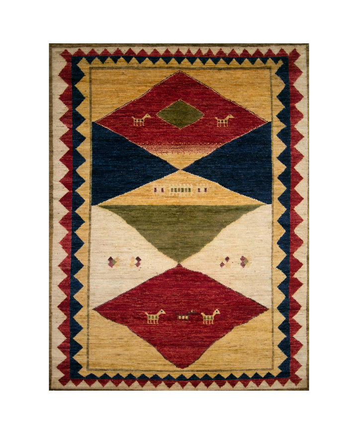 5x7 Tribal Gabbeh Beige Gold Afghan Hand knotted Rug - Yildiz Rugs