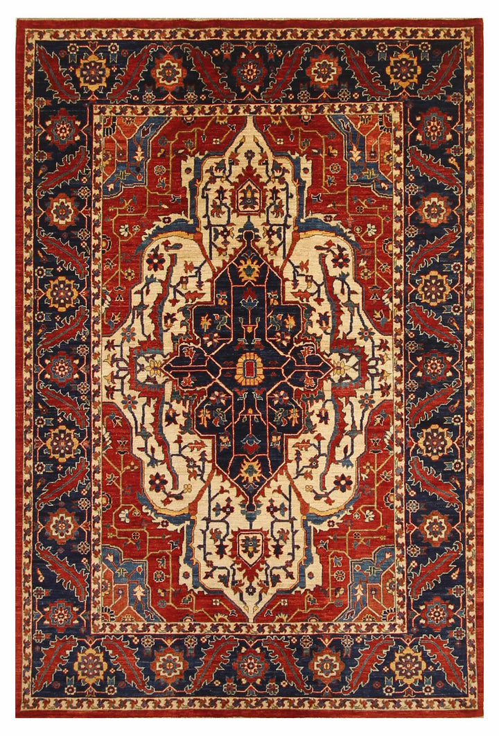 6x9 Beige Serapi Afghan Hand knotted Medallion Oriental Rug - Yildiz Rugs