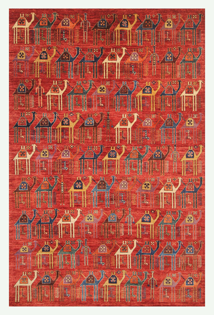 6x9 Red Gabbeh Camel Train Afghan Hand knotted Rug - Yildiz Rugs