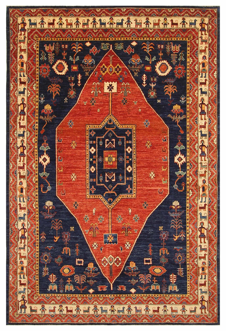 6x9 Red Navy Blue Tribal Gabbeh Afghan Nomad Qashqai Hand knotted Rug - Yildiz Rugs