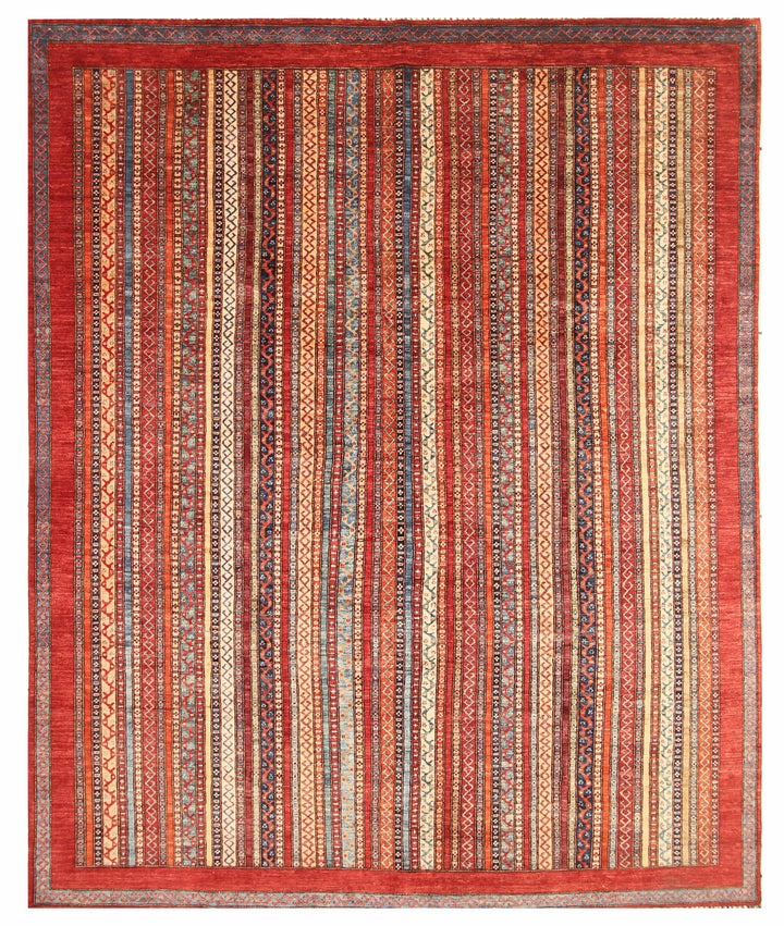 8x10 Red Turkish Shawl Pattern Hand Knotted Striped Rug - Yildiz Rugs