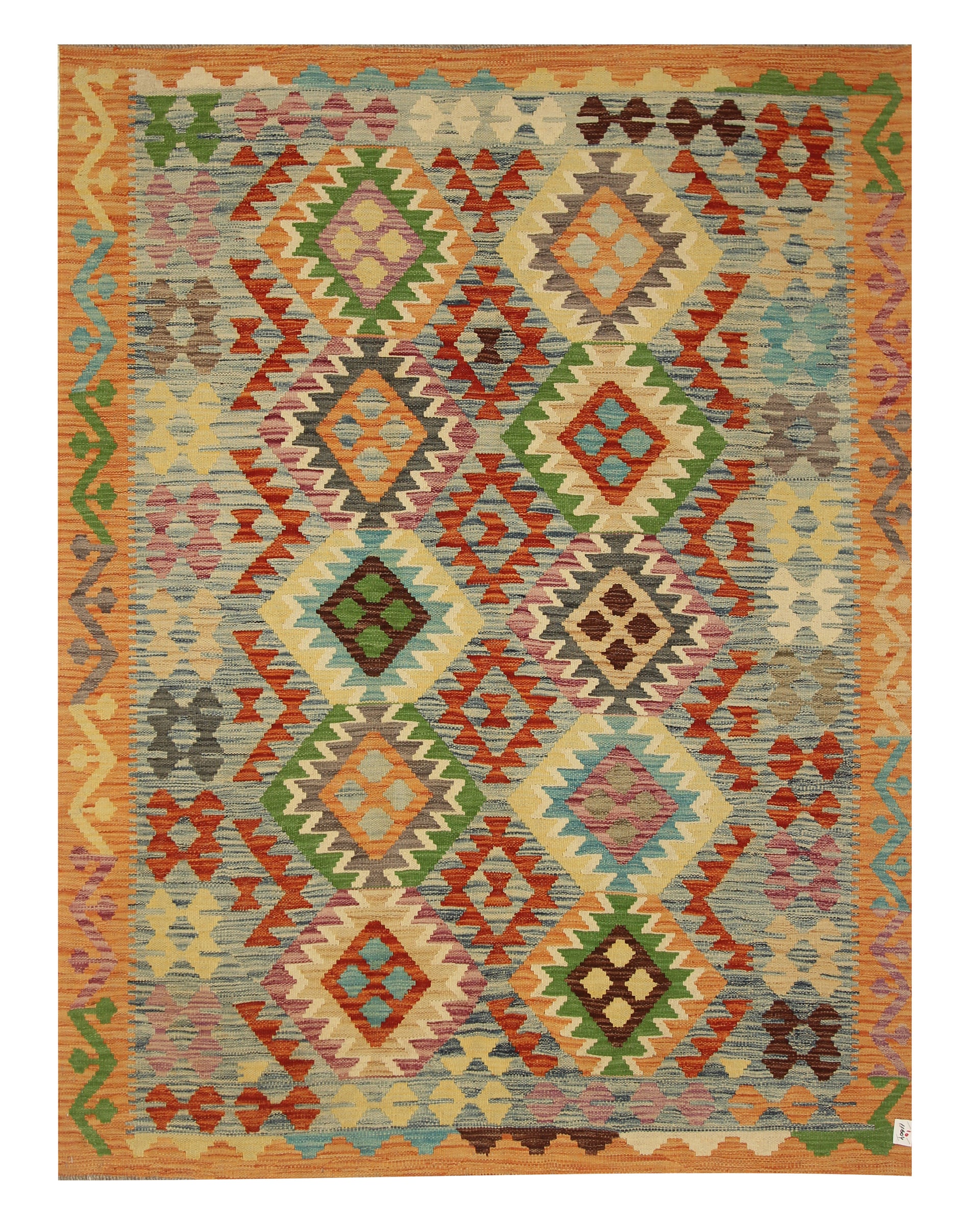 5x7 Orange Blue Afghan Handmade Wool Kilim Rug