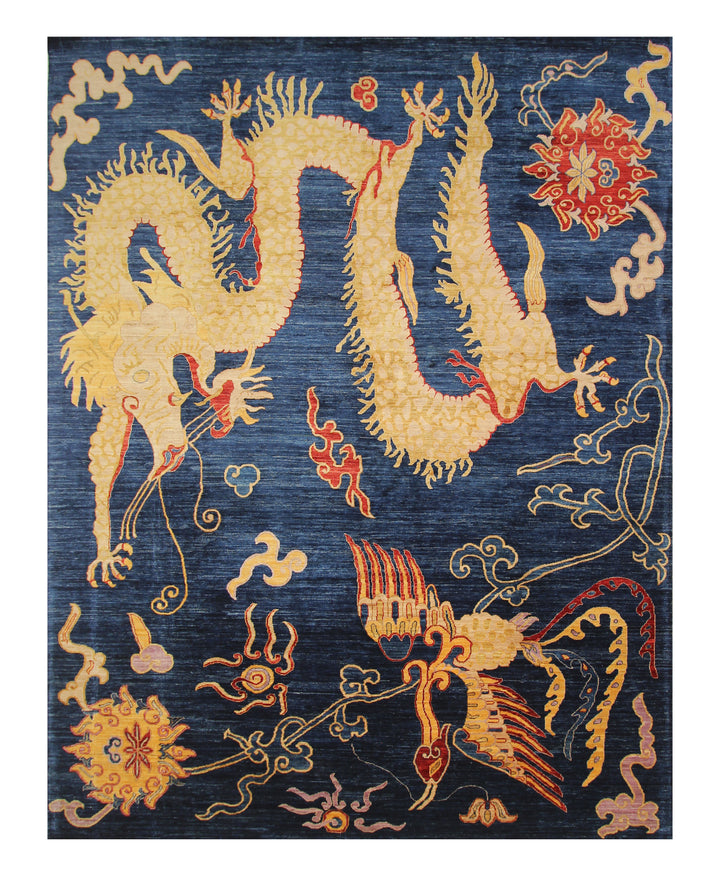 9x12 Navy Blue Dragon Phoenix Chinese Style Afghan Hand knotted Rug