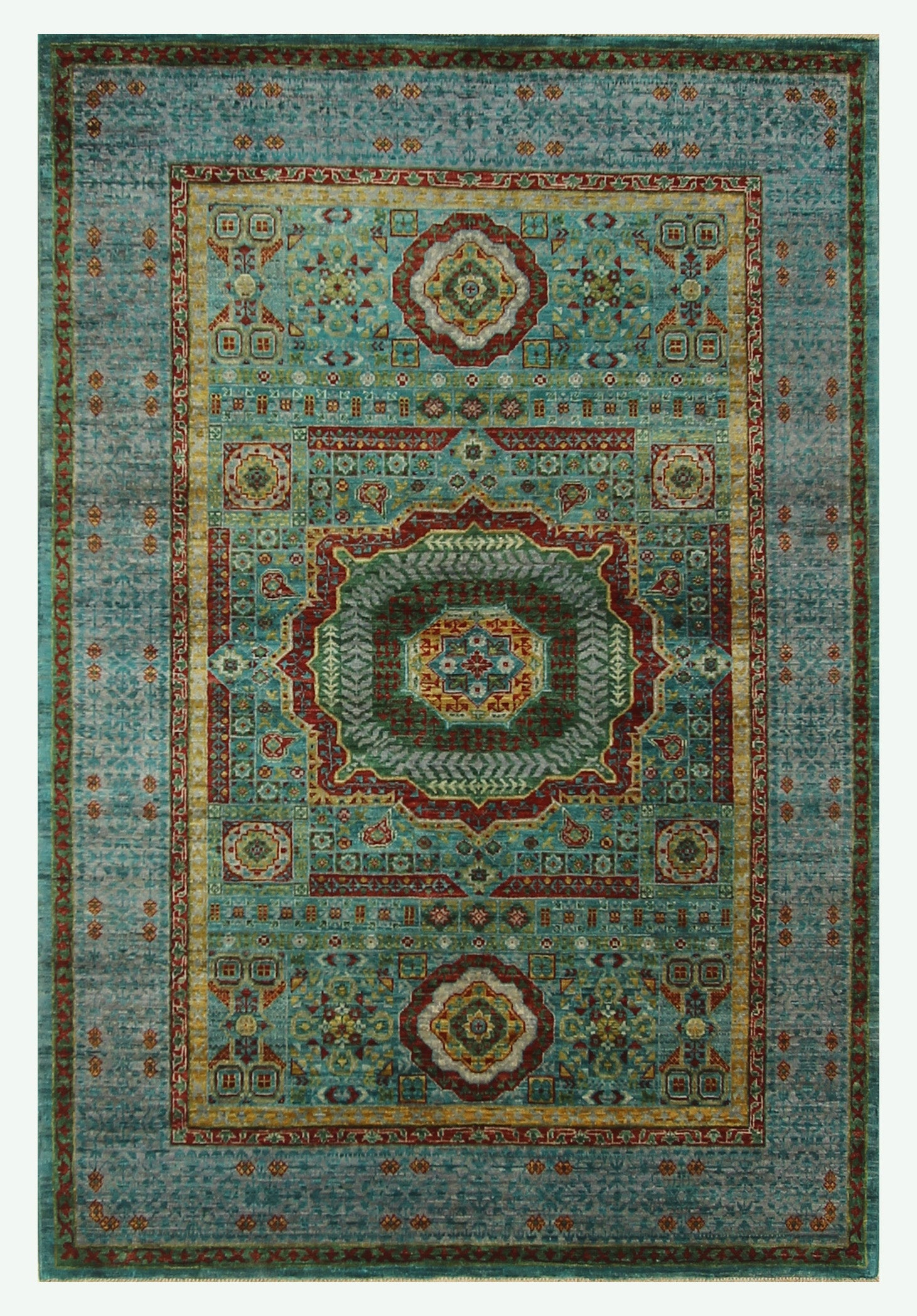 4x6 Turquoise Blue Green Mamluk Turkish Hand Knotted Medallion Rug - Yildiz Rugs
