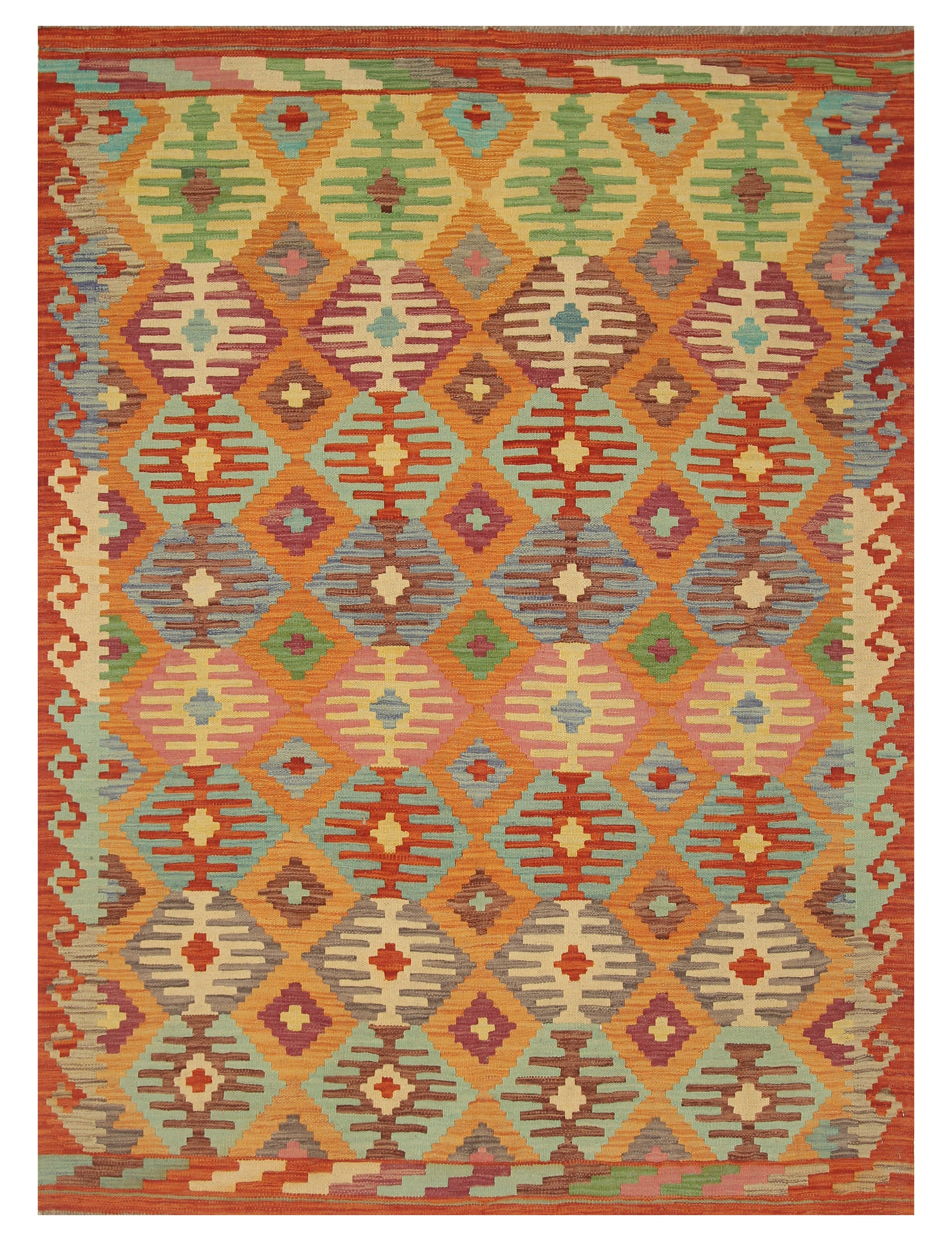 5x7 Orange Red Afghan Handmade Wool Kilim Rug