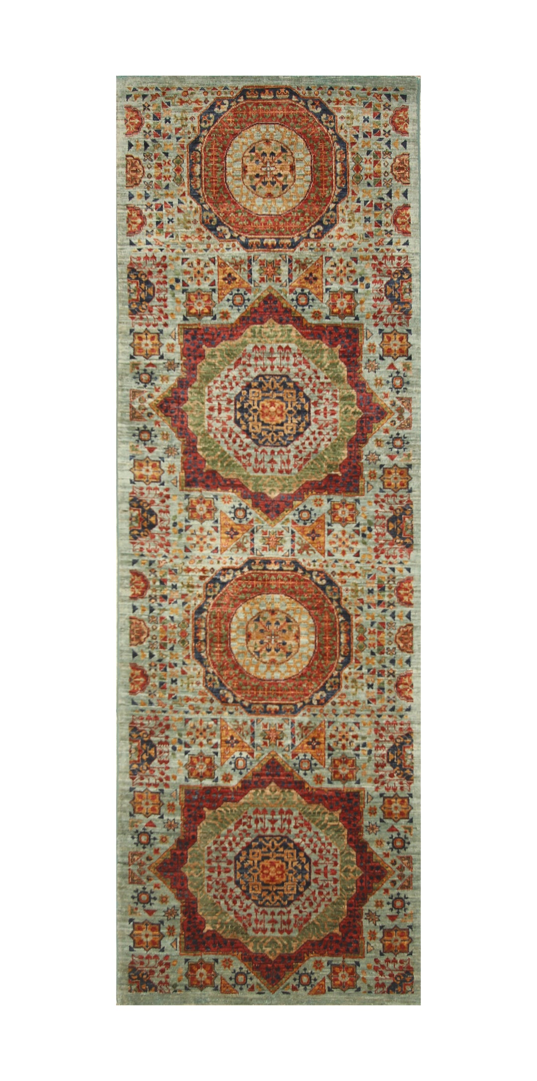 8 ft Soft Blue Mamluk Hand knotted Turkish Medallion Runner Rug - Yildiz Rugs