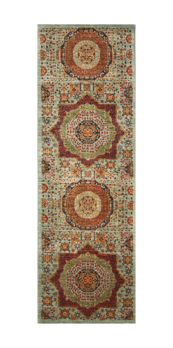 8 ft Soft Blue Mamluk Hand knotted Turkish Medallion Runner Rug - Yildiz Rugs