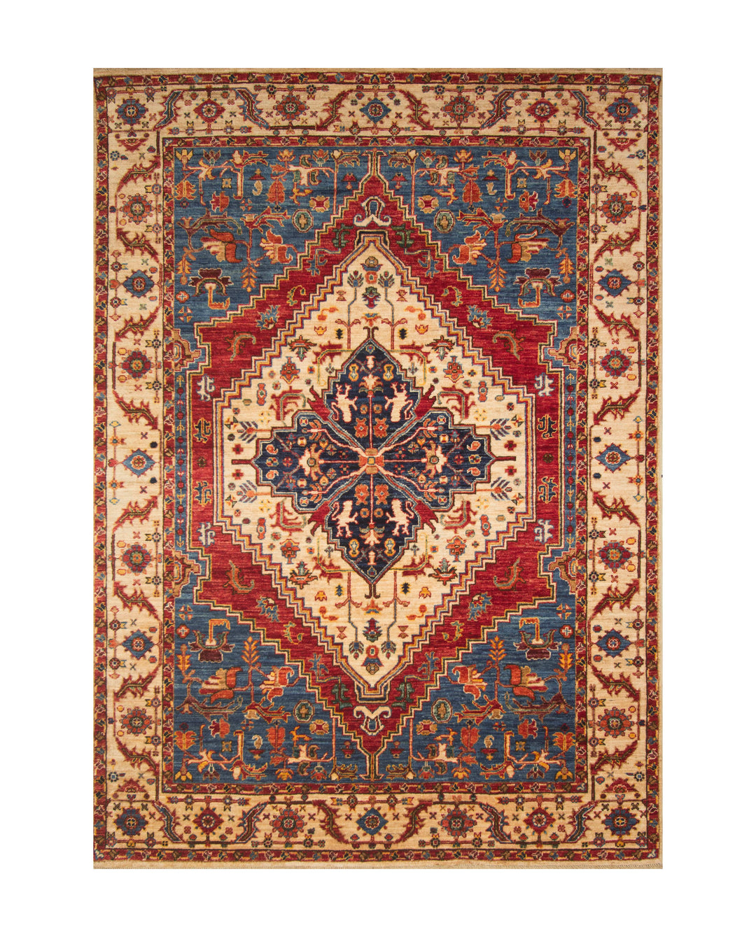 6x8 Beige Blue Serapi Afghan Hand knotted Medallion Oriental Rug - Yildiz Rugs