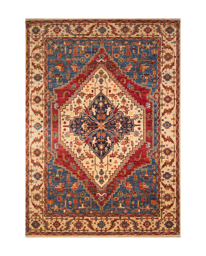 6x8 Beige Blue Serapi Afghan Hand knotted Medallion Oriental Rug - Yildiz Rugs