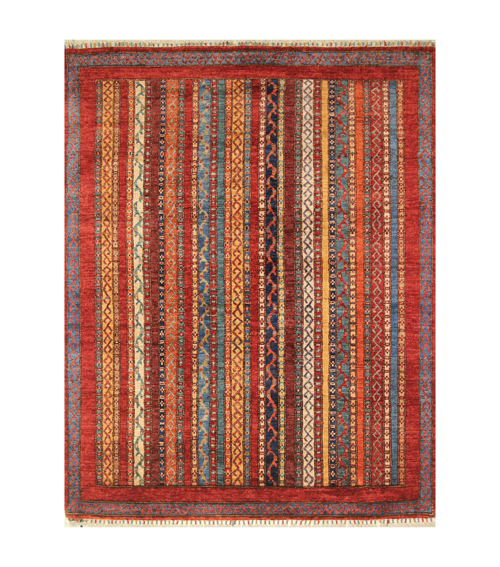 5x6 Red Turkish Shawl Pattern Striped Rug - Yildiz Rugs