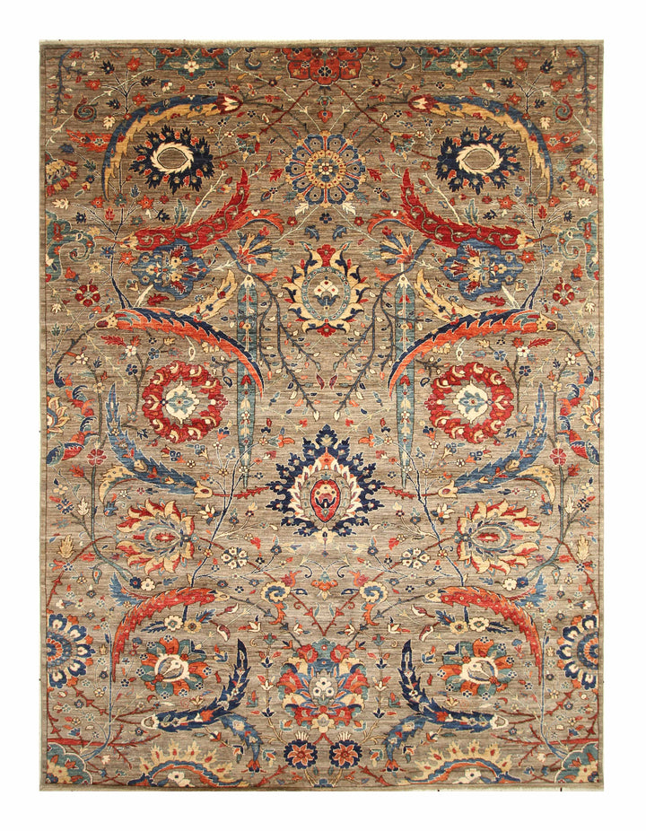 9x12 Taupe Gray Sickle Leaf Afghan Hand knotted Oriental Rug - Yildiz Rugs