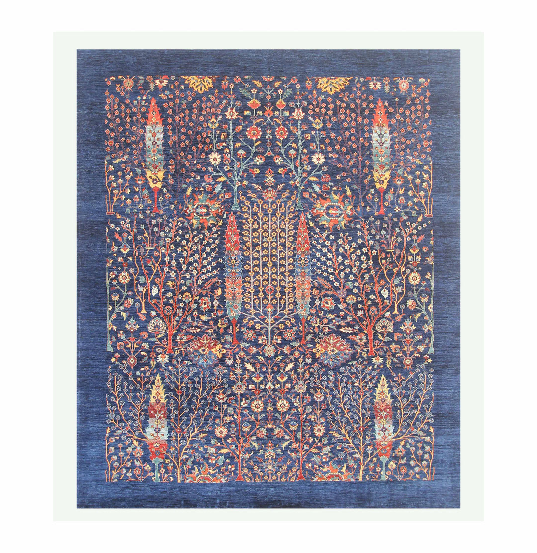 8x10 Navy Blue Cypress Tree Afghan Hand knotted Tree of life Rug - Yildiz Rugs