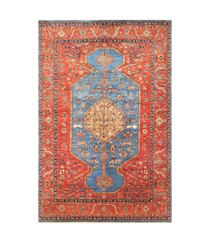 6x9 Blue Red Serapi Afghan Hand knotted Geometric Medallion Rug