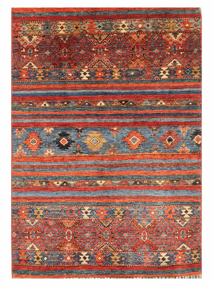 3x5 Red Blue Tribal Stripe Afghan Hand Knotted Rug