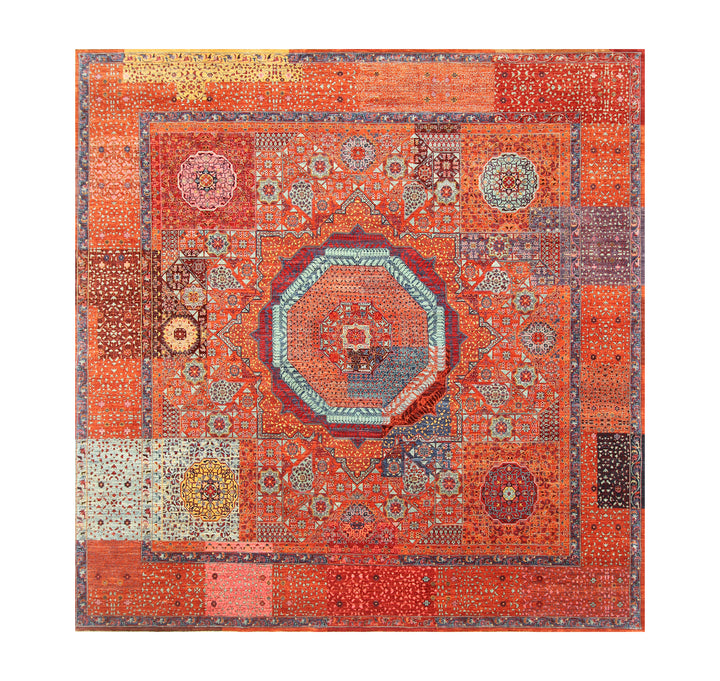 10x10 Rusty Orange Mamluk Turkish Hand knotted Medallion Square Rug - Yildiz Rugs