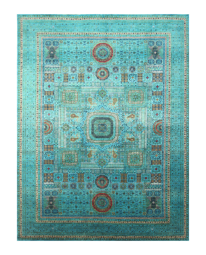 10x13 Turquoise Sky Blue Mamluk Turkish Fine Hand Knotted Medallion Rug - Yildiz Rugs