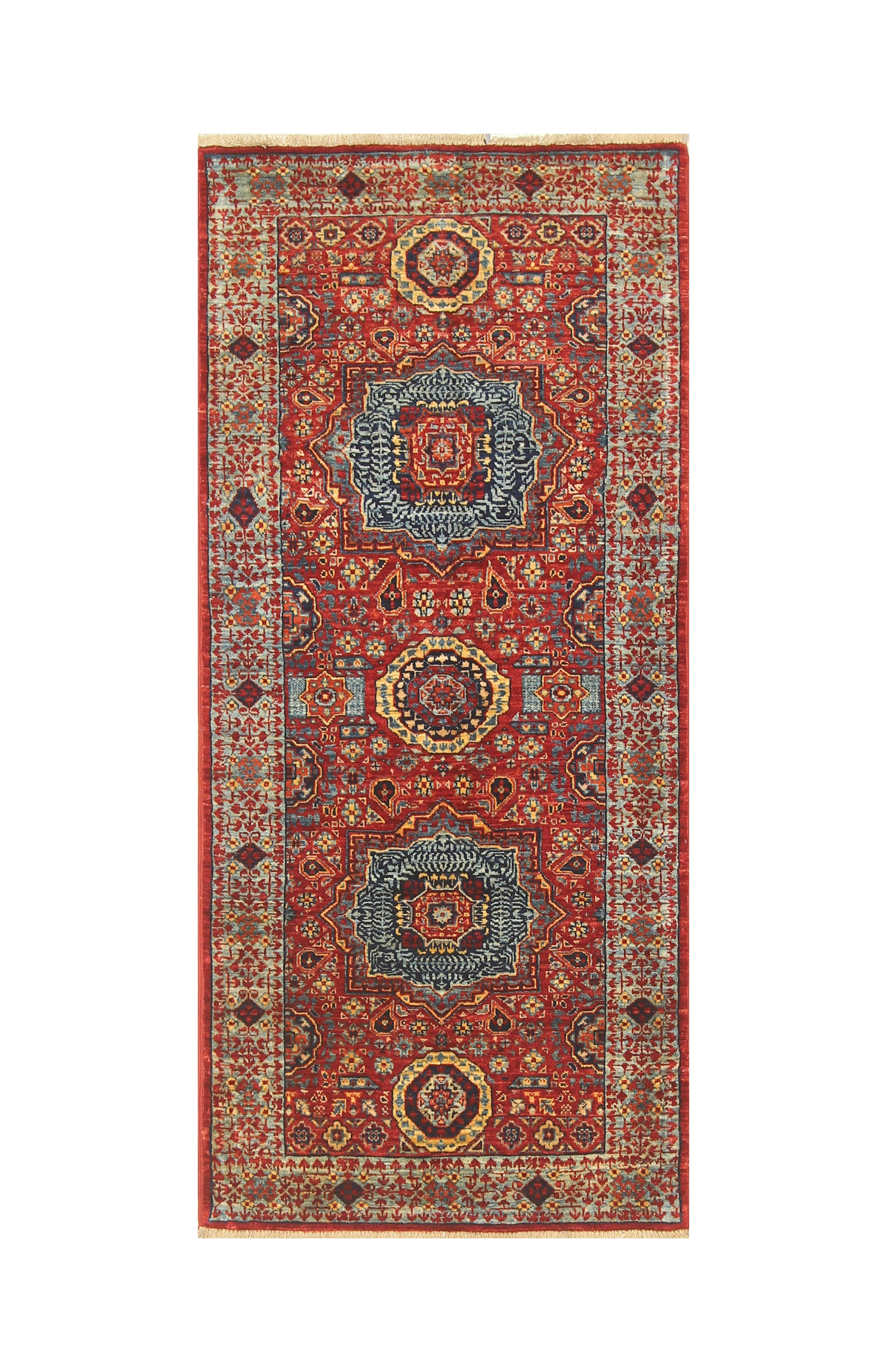 2x5 Red Mamluk Turkish Hand knotted Runner Rug - Yildiz Rugs