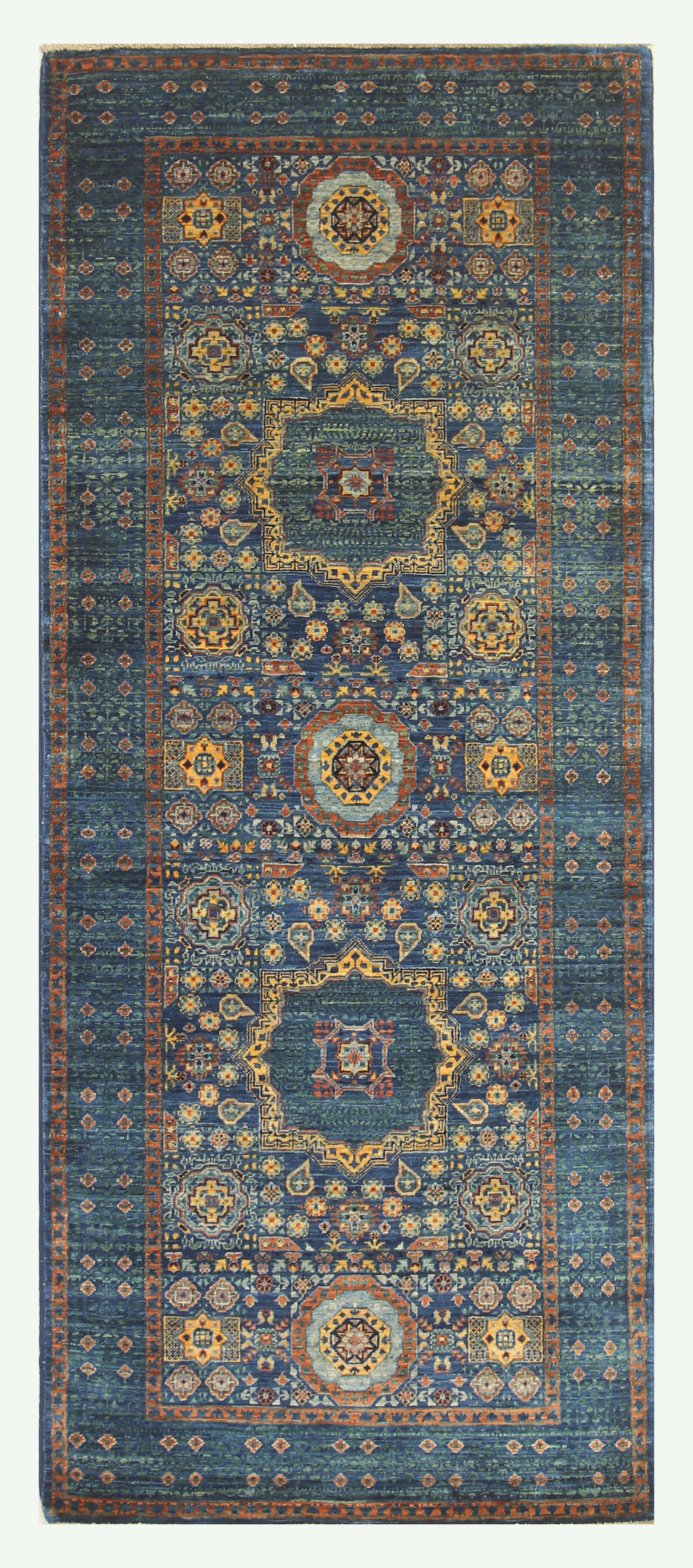 7 ft Blue Mamluk Hand knotted Wool Turkish Medallion Runner Rug - Yildiz Rugs