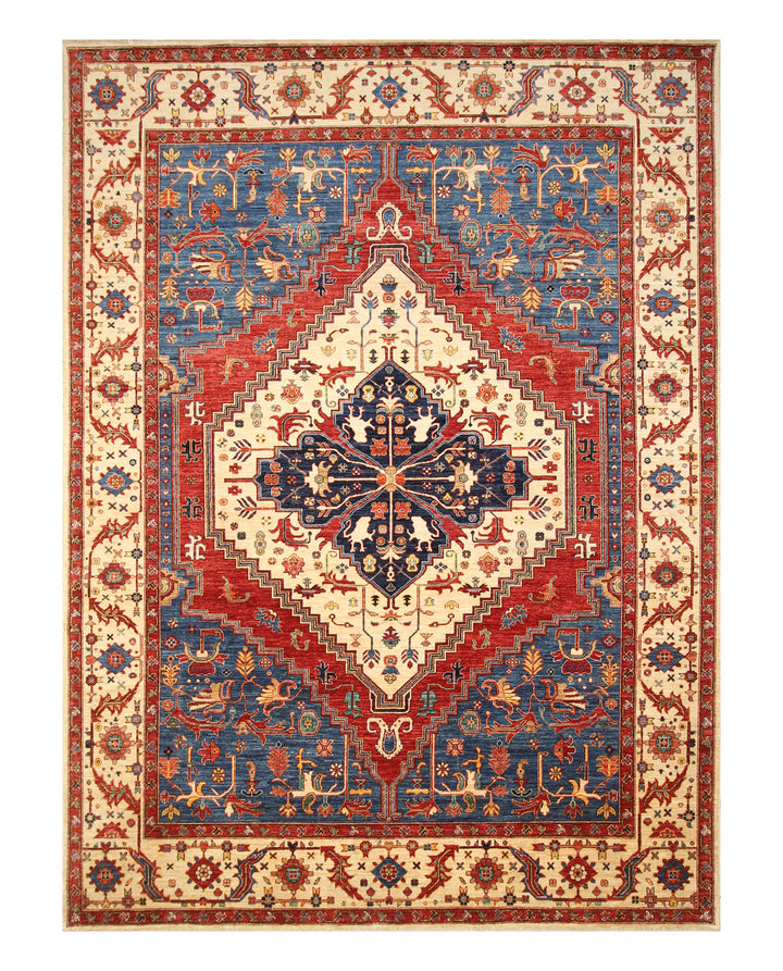 9x12 Serapi Beige Blue Afghan Hand Knotted Oriental Medallion Rug - Yildiz Rugs