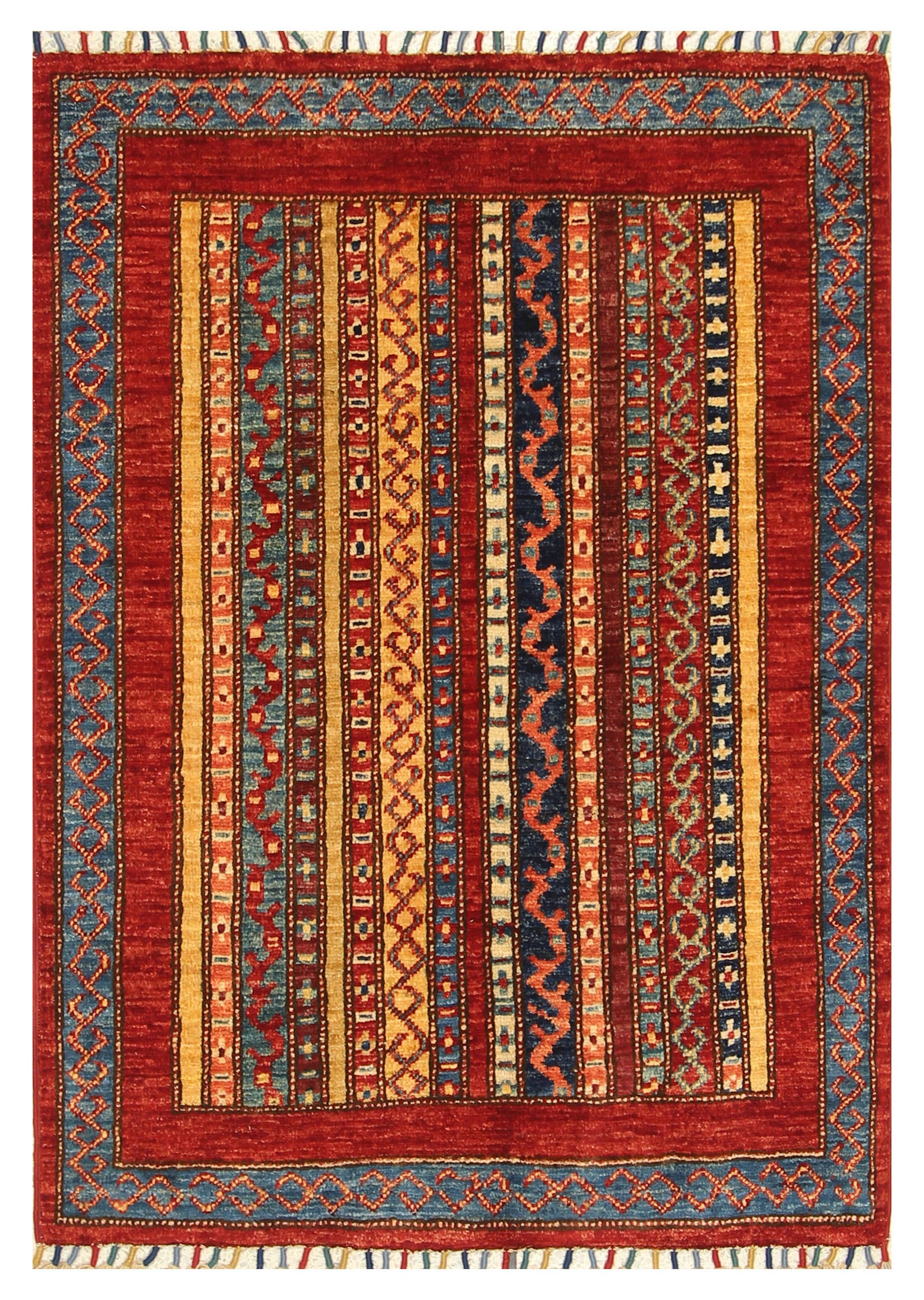 3x4 Red Striped Afghan Hand knotted Rug - Yildiz Rugs