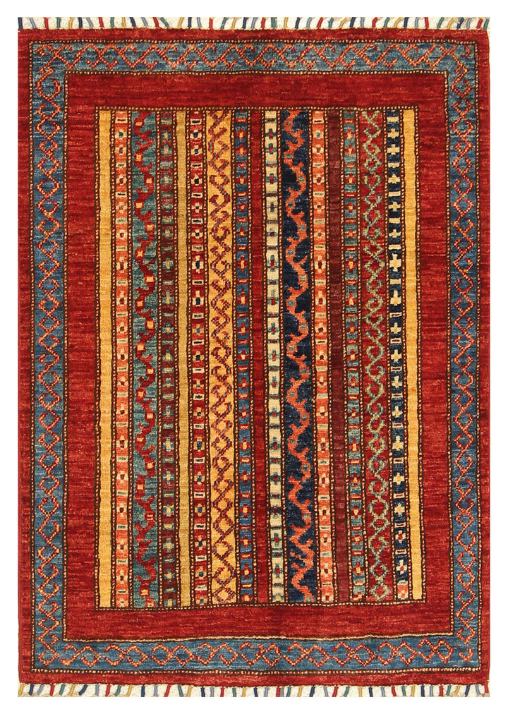 3x4 Red Striped Afghan Hand knotted Rug - Yildiz Rugs