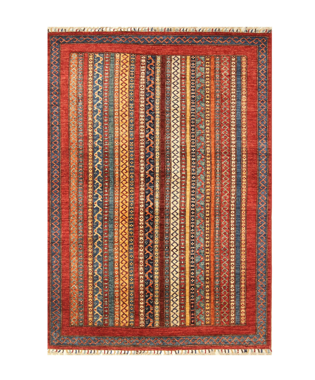 4x6 Red Turkish Shawl Pattern Handmade Striped Rug - Yildiz Rugs