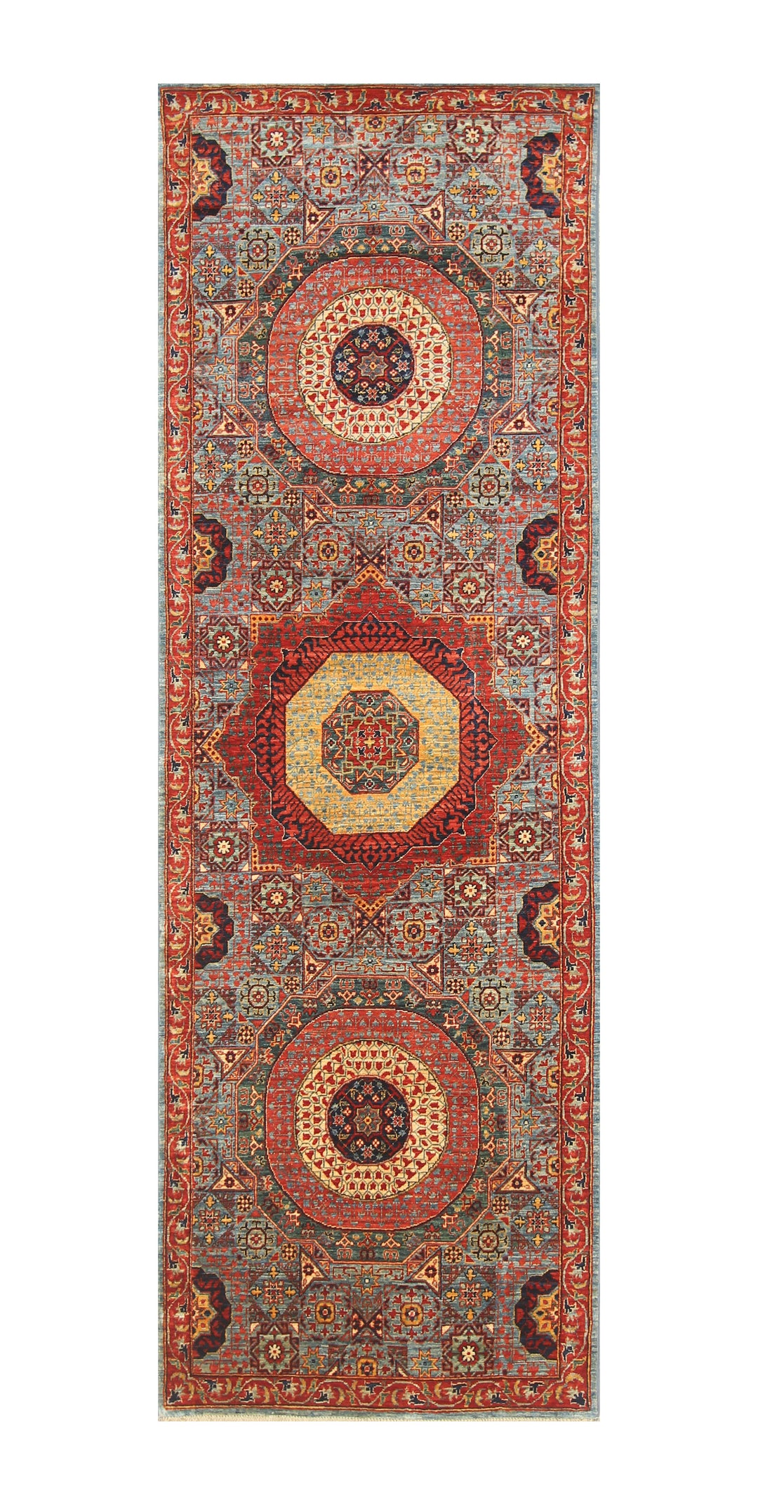 3 x 8 ft Blue Mamluk Hand knotted Wool Turkish Medallion Runner Rug - Yildiz Rugs