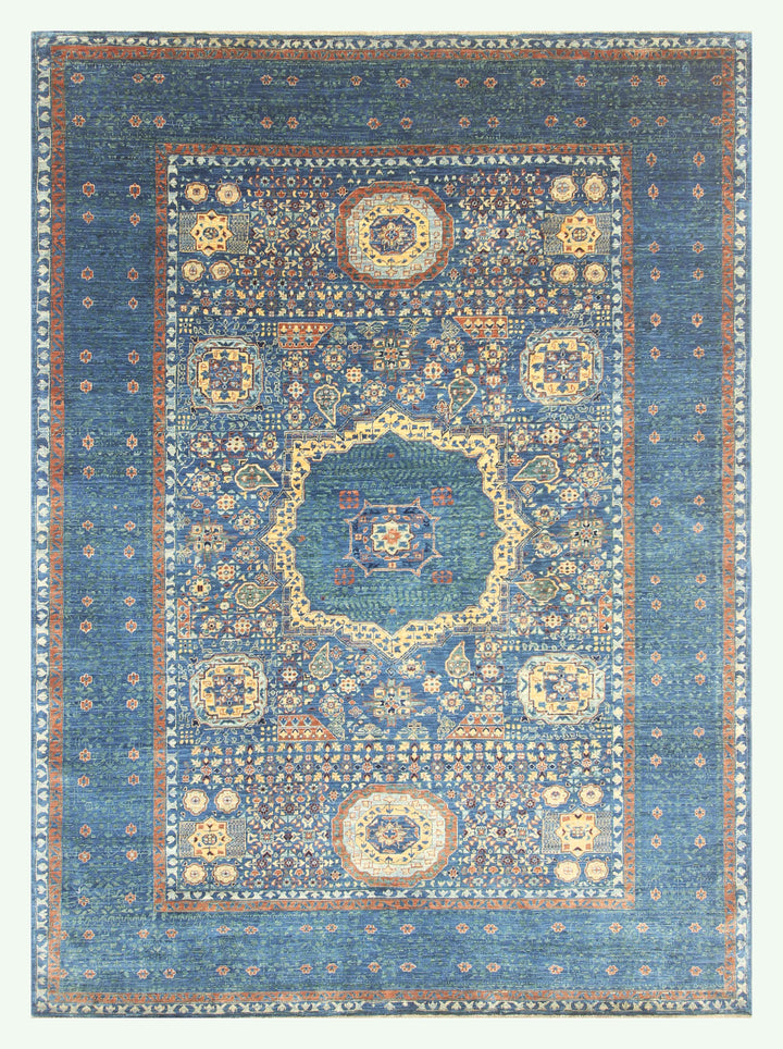 6x8'3 Blue Mamluk Turkish Hand Knotted Geometric Medallion Rug