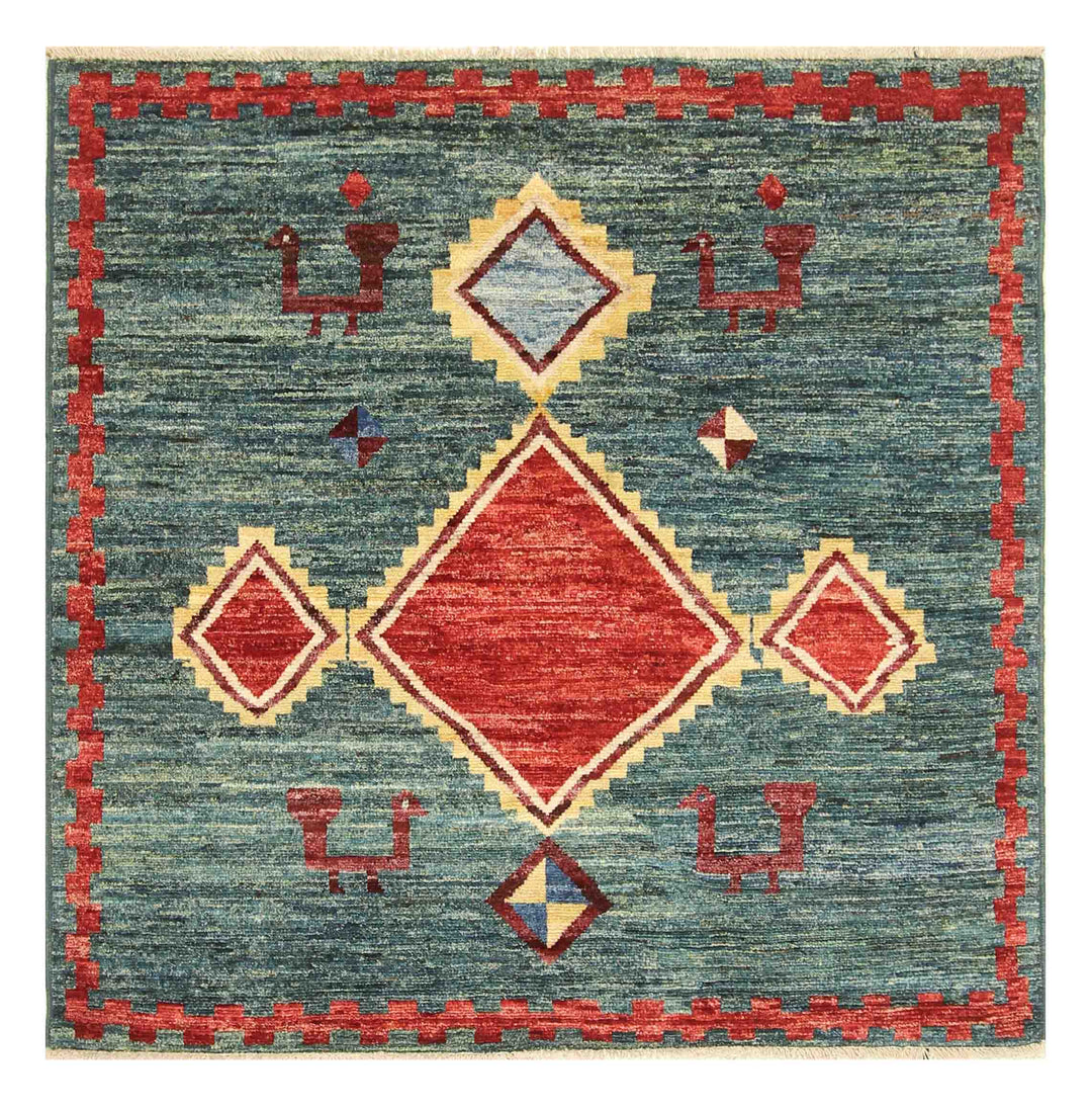 5x5 Green Gabbeh Afghan Hand knotted Square Rug - Yildiz Rugs