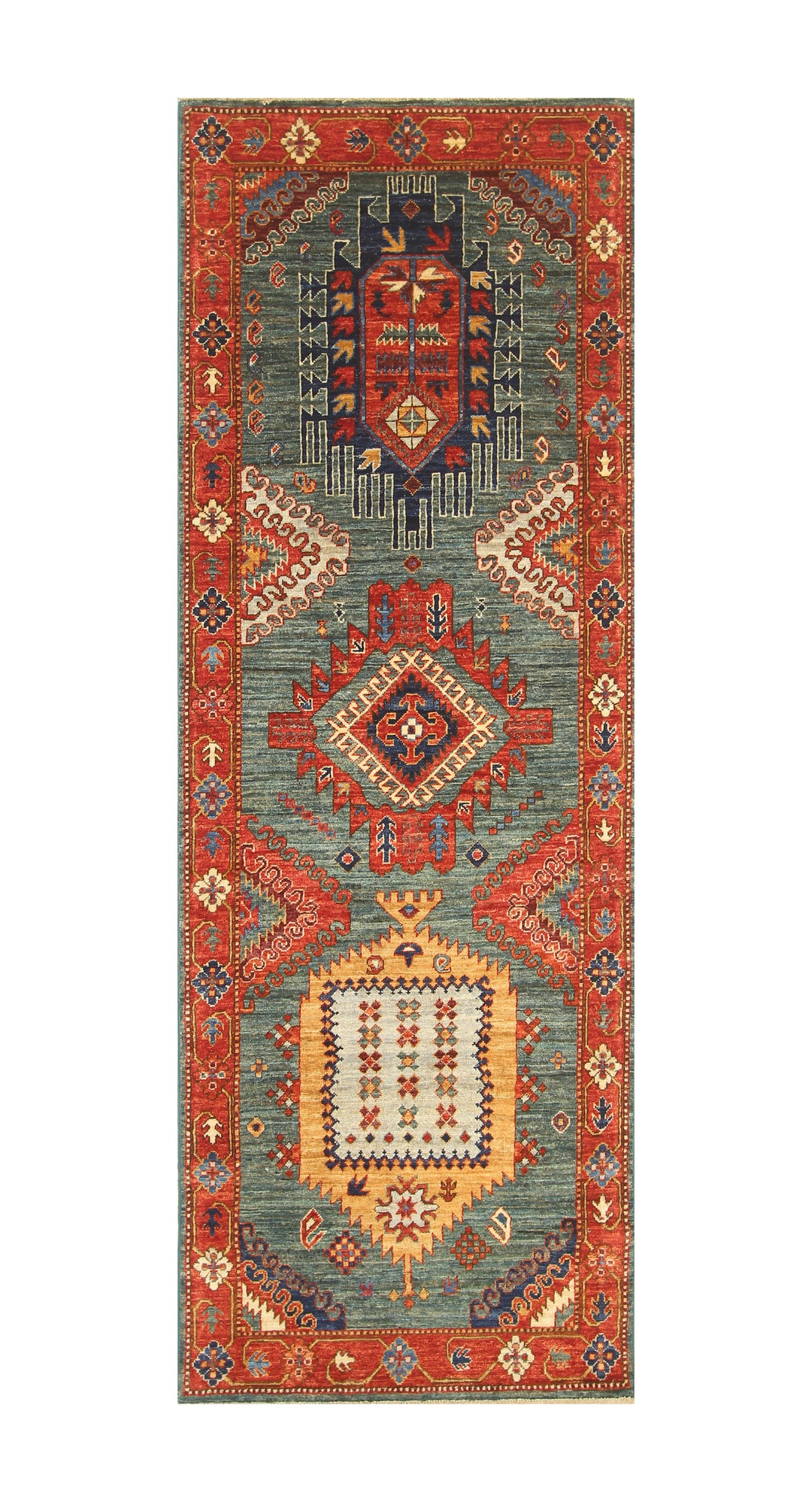 8 Ft Green Malayer Afghan hand knotted Runner Rug - Yildiz Rugs