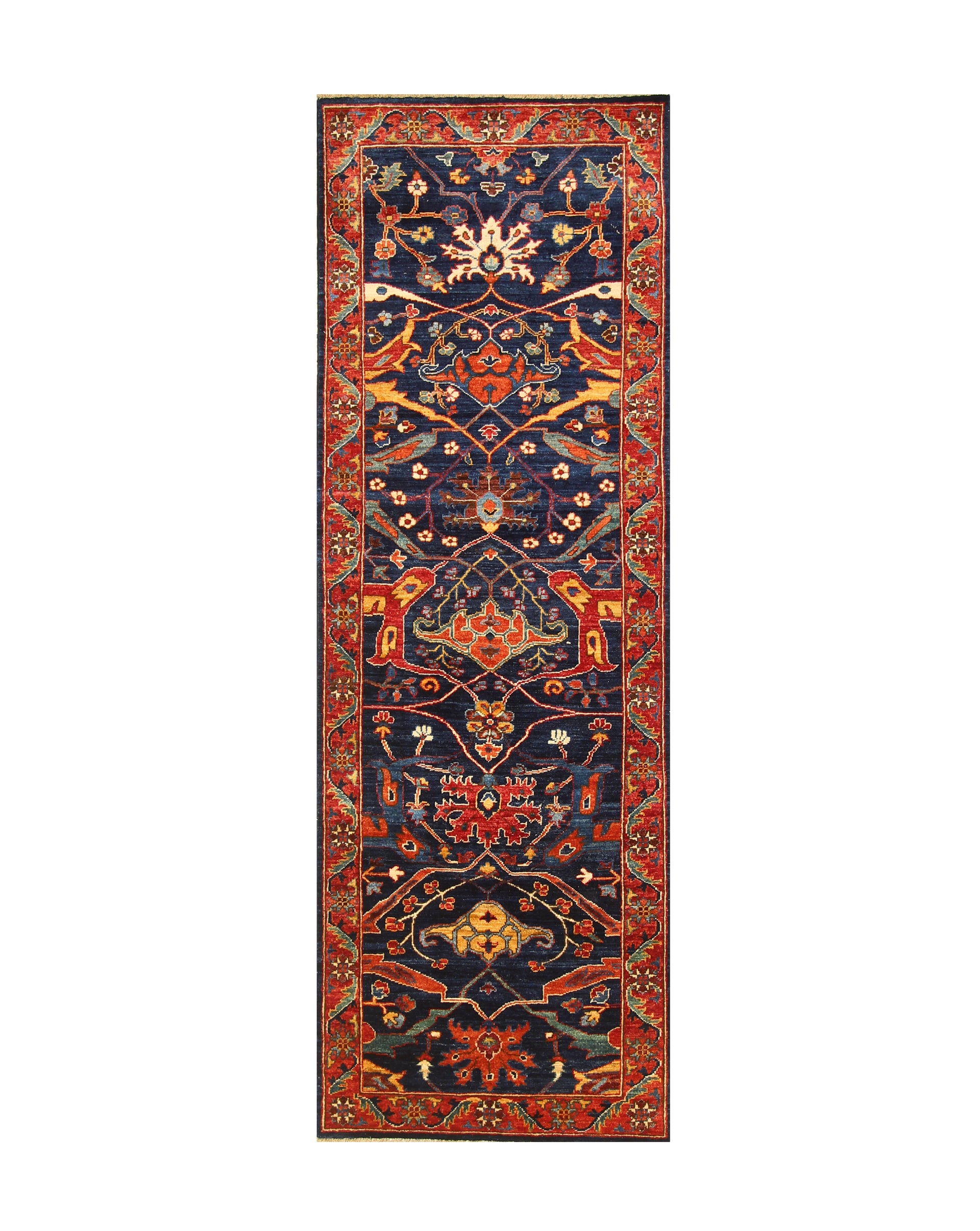 8 ft Navy Blue Bidjar Afghan Hand knotted Oriental Runner Rug - Yildiz Rugs