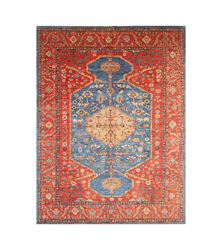 9x12 Blue Red Serapi Afghan Hand knotted Medallion Rug