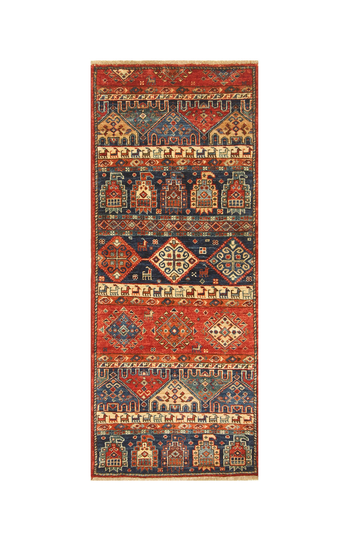 2x5 Blue Red Tribal Gabbeh Afghan Hand knotted Runner Rug - Yildiz Rugs