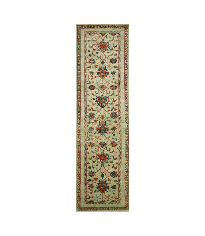 10 ft Green Waziri Afghan Hand knotted Runner Rug