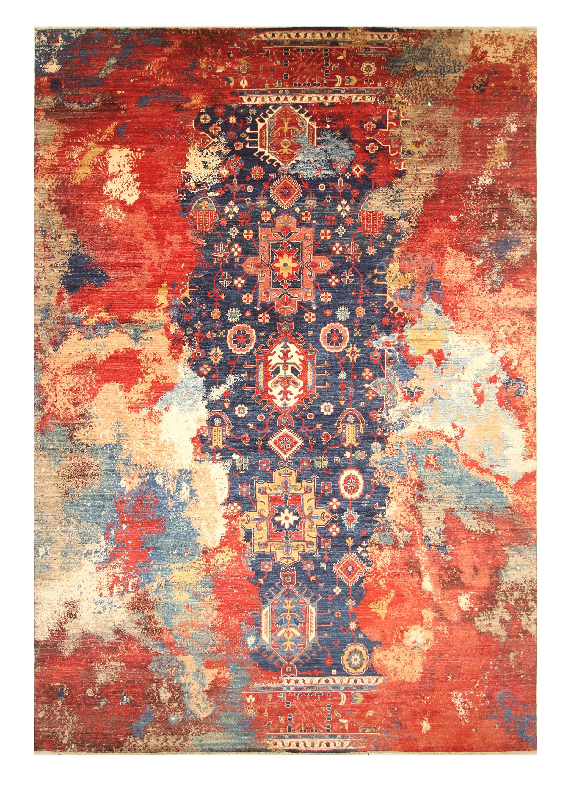 10x14 Navy Blue Karaja Afghan Hand-Knotted Modern Rug