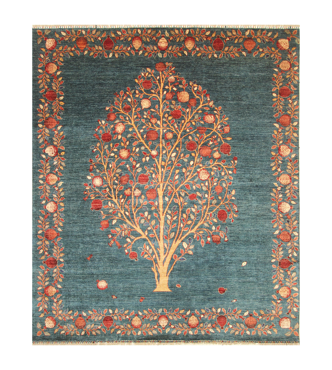 8x10 Greenish Blue Gabbeh Afghan Pomegranate Tree Of life Hand knotted Rug - Yildiz Rugs