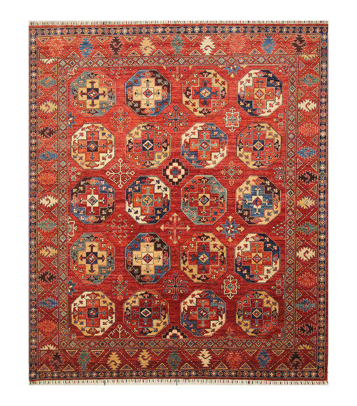 8x10 Red Ersari Afghan hand knotted Geometric Oriental Rug - Yildiz Rugs